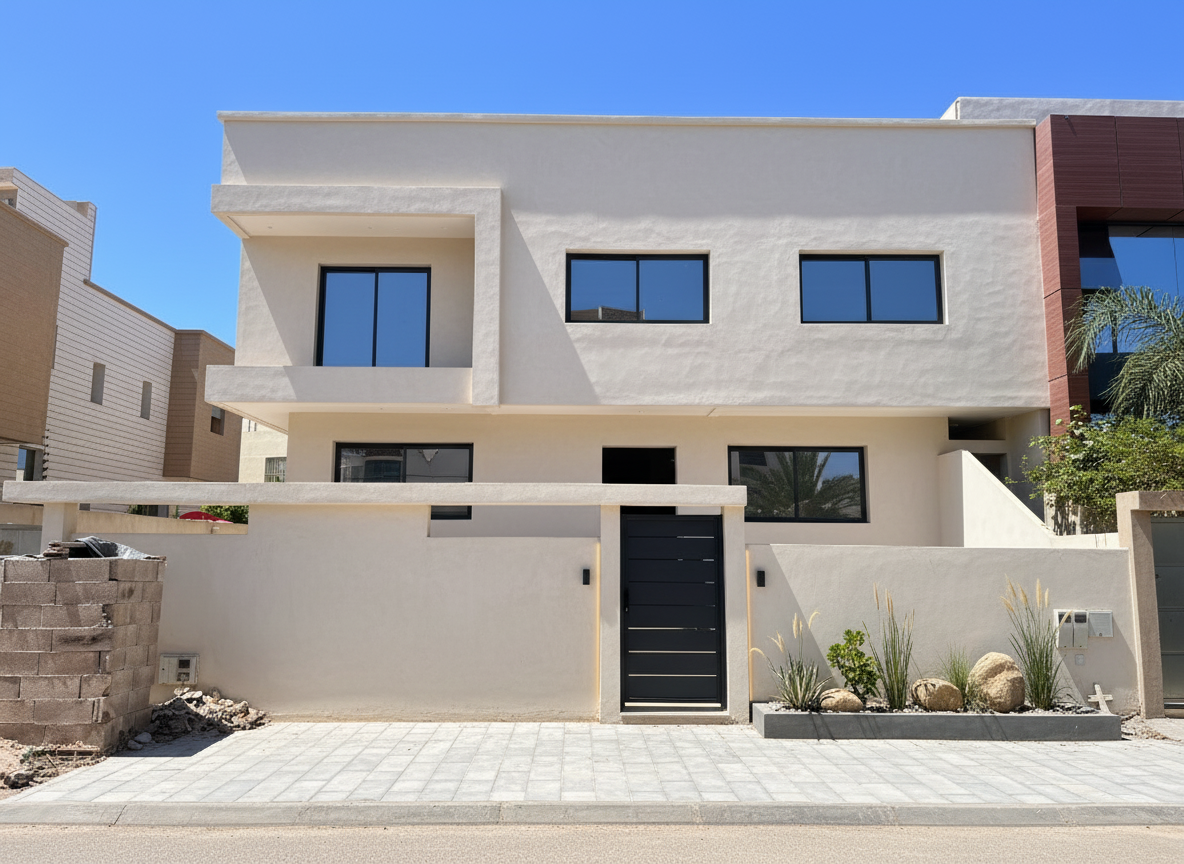 After - exterior transformation: Design type: exterior. Style Ref: None. Instructions: redesign this facade as well as pavement giving it a minimalistic yet chic classy lok (dont forget glass on windows an garden outside)