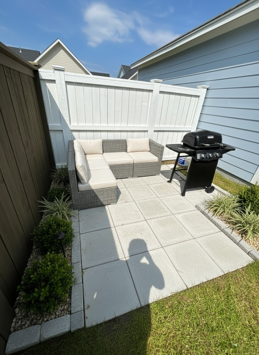 After - landscaping transformation: Design type: landscaping. Style Ref: None. Instructions: light wash large pavers with a sectional against the back fence