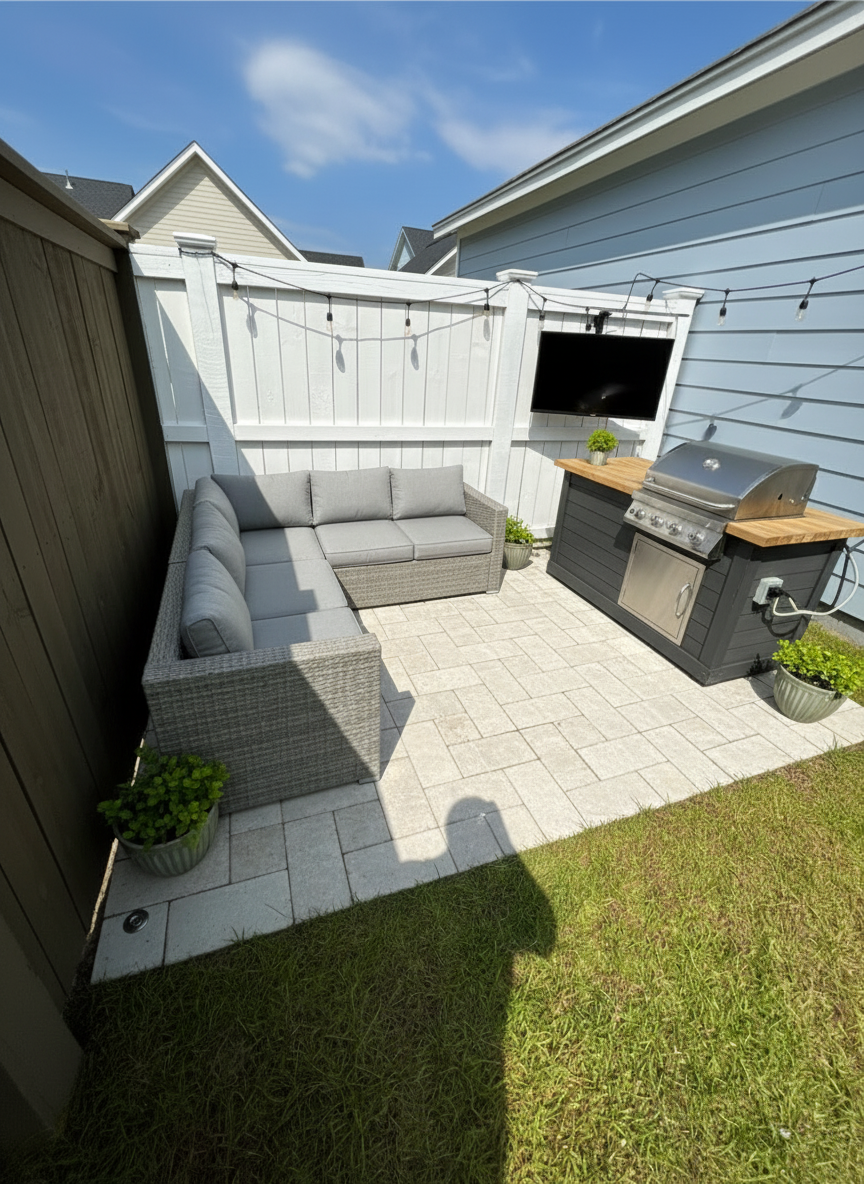 After - landscaping transformation: Design type: landscaping. Style Ref: None. Instructions: light wash large pavers with a sectional against the back fence. Against the house i want an outdoor bar with a grill and a place to put a tv