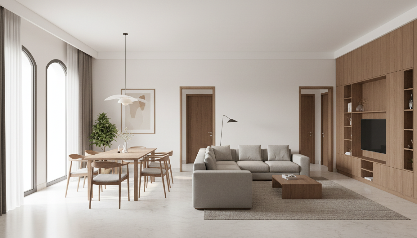 After - floorplan to_3d transformation: Floorplan to 3D. Style Ref: https://s3.us-west-1.amazonaws.com/dev.nvwa.user.image/landingpage/kitchen/Warm_Walnut_Modern.jpg. Instructions: Living and Dining Space