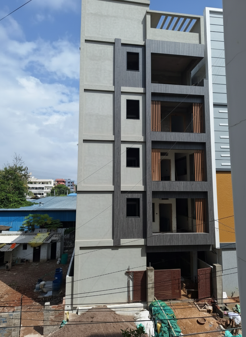 After - exterior transformation: Design type: exterior. Style Ref: None. Instructions: give some modern look and do not change the position of the window and add some wall textures