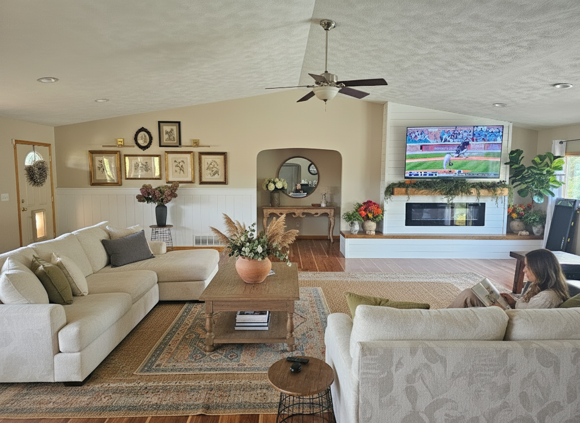 After - interior transformation: Design type: interior. Style Ref: None. Instructions: Redesign this space keeping all windows and walls the same. Redesign with rustic, elegant, modern, organic, french