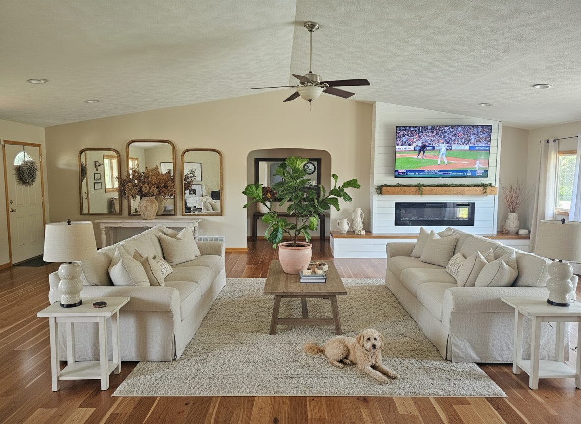 After - interior transformation: Design type: interior. Style Ref: None. Instructions: Redesign this space keeping all windows and walls the same. Redesign with rustic, elegant, modern, organic, french. Add a wood cleaning with white oak