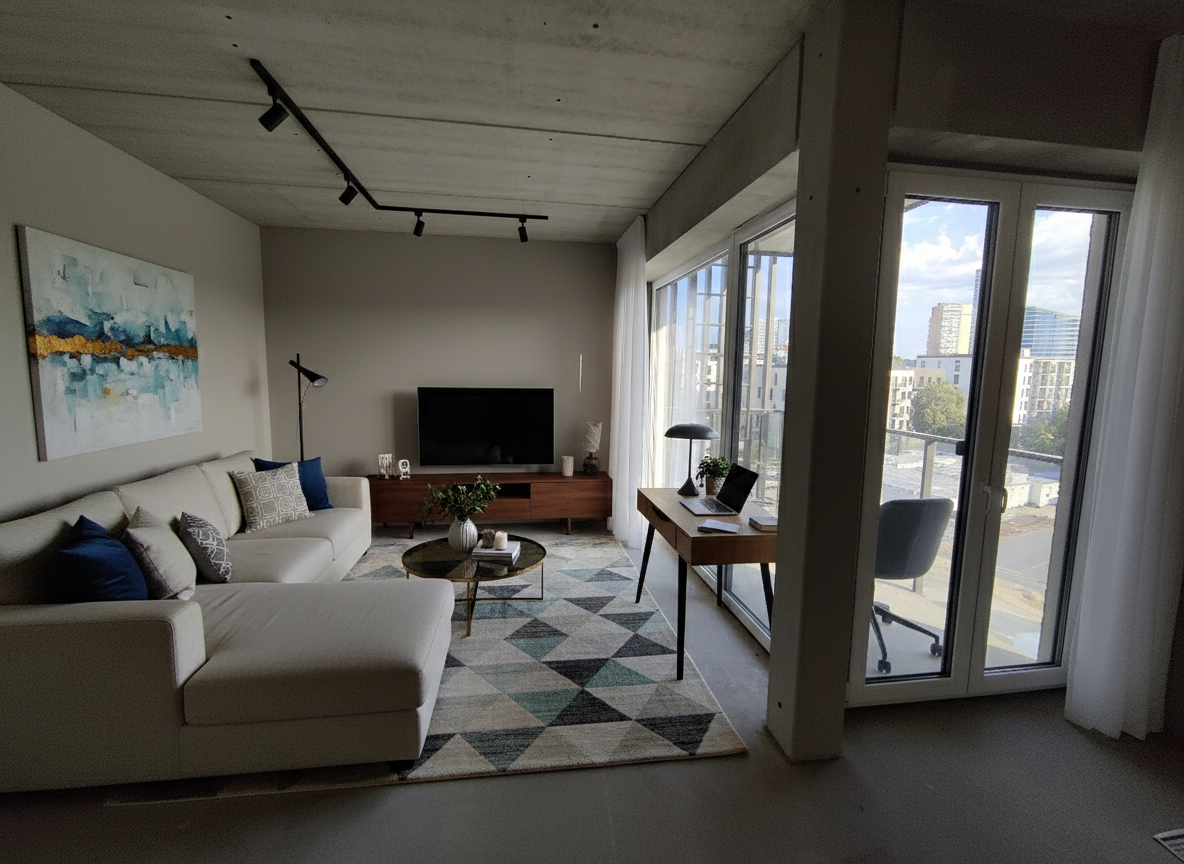 After - interior transformation: Design type: interior. Style Ref: None. Instructions: I want this room to be furnished fully. It should include TV, sofa and a work table