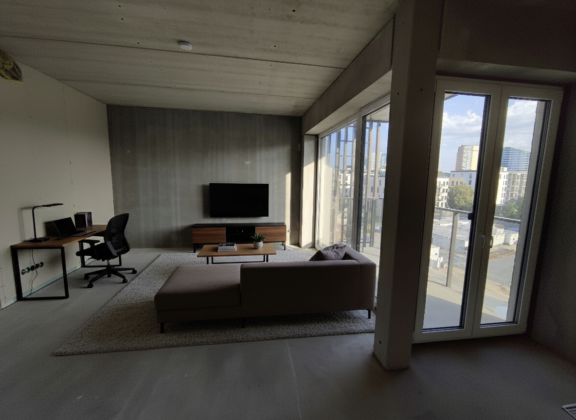 After - interior transformation: Design type: interior. Style Ref: None. Instructions: I want this room to be furnished fully. It should include TV, sofa and a work table. Work table should be in far left corner