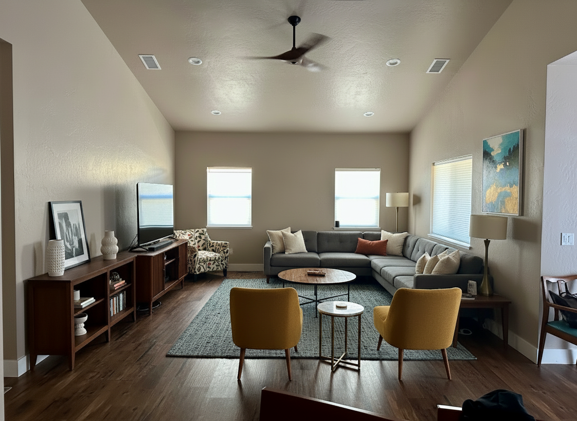 After - interior transformation: Design type: interior. Style Ref: None. Instructions: Different furniture layout