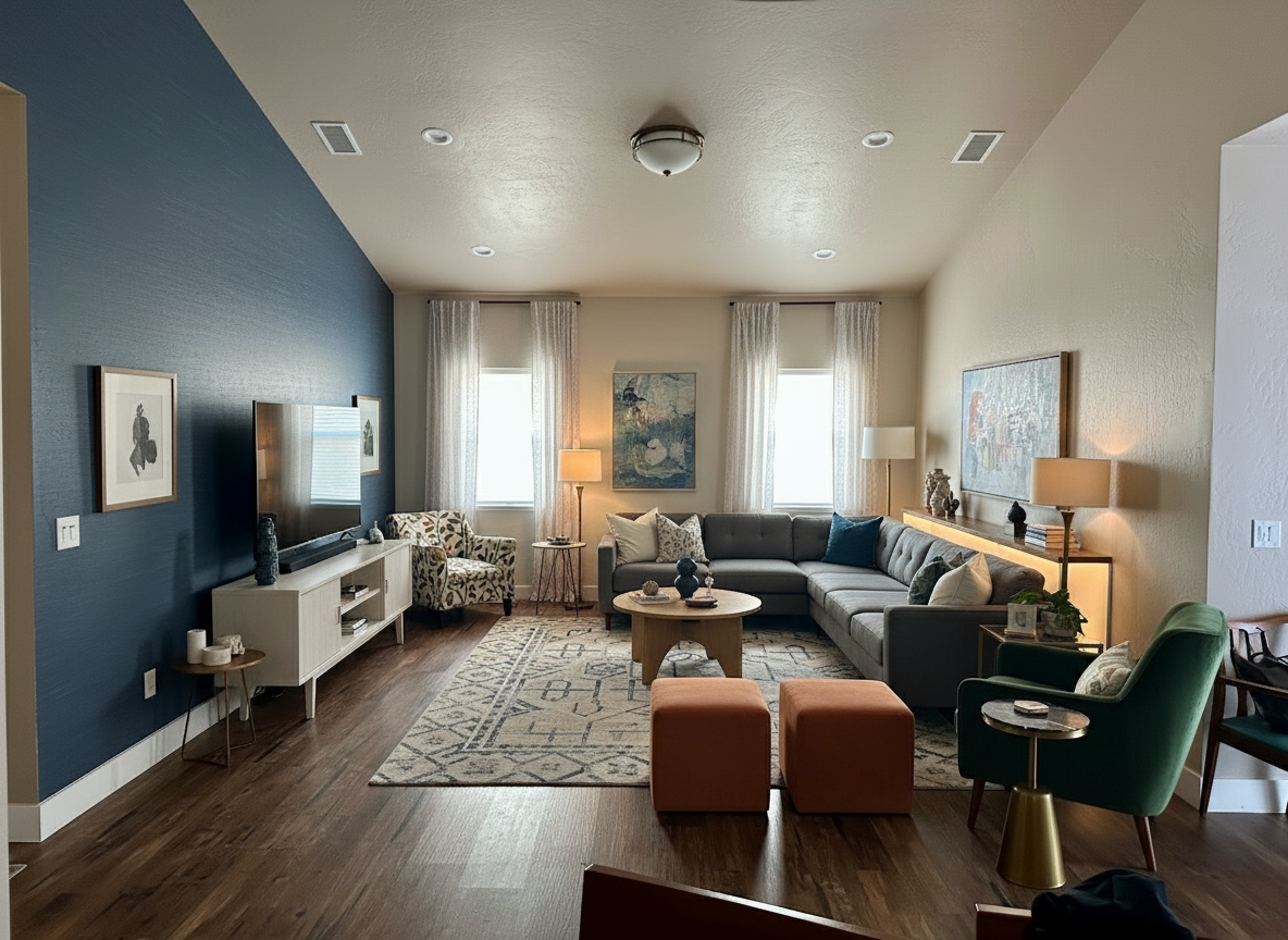 After - interior transformation: Design type: interior. Style Ref: None. Instructions: Show a furniture layout where the sectional sofa is a floating element