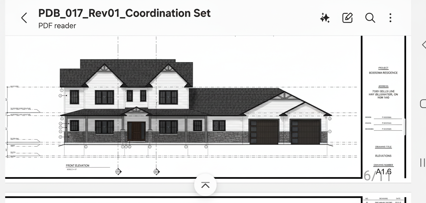 After - exterior transformation: Design type: exterior. Style Ref: None. Instructions: White siding with stone on the bottom and a dark roof