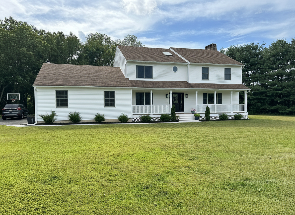 After - exterior transformation: Design type: exterior. Style Ref: None. Instructions: Update the look with a modern farmhouse style. Expand the porch to the whole front of the house.
