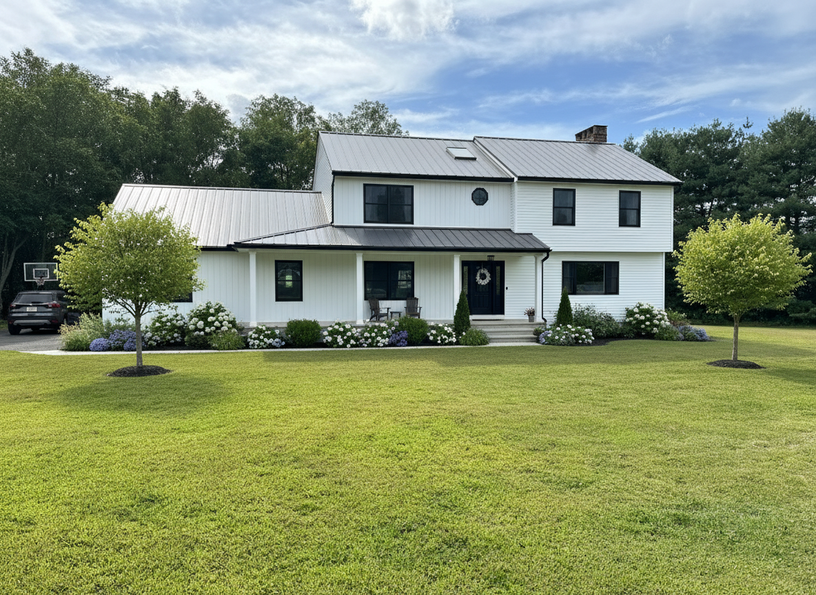 After - exterior transformation: Design type: exterior. Style Ref: None. Instructions: Update the look with a modern farmhouse style. Expand the porch to the whole front of the house. Farmhouse look, especially in the pillars on the porch. Upgrade the landscaping, adding color and medium trees.