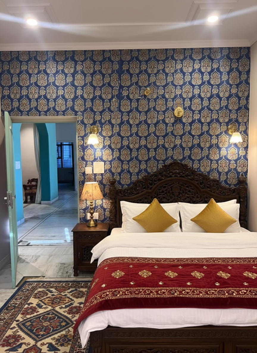 After - interior transformation: Design type: interior. Style Ref: None. Instructions: redeign the room entirely. i dont like anything about it. can you give it a block print background?