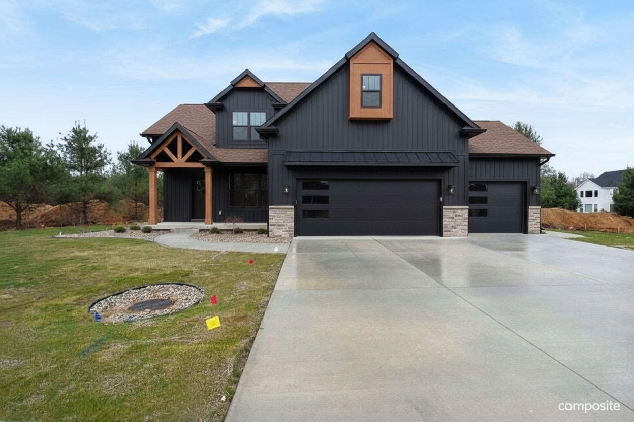 After - exterior transformation: Design type: exterior. Style Ref: https://base44.app/api/apps/68a6b71b9e6d8b9bb330a7ee/files/public/68a6b71b9e6d8b9bb330a7ee/fa0cffe3a_20250830004439666037000000-o.jpg. Instructions: Change color of siding to black. Change color of garage to dark walnut. Change garage overhang to dark walnut. Change roof to brown. Change Peaks and pillars to dark walnut. Use the black, dark walnut and brown that are used in style photo