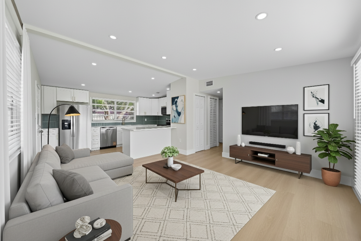 After - virtual staging transformation: Do virtual staging to make it a modern living room. Do not change the structure (walls, doors, windows) by adding decoration and furniture to make a nice design and keep all other parts the same.