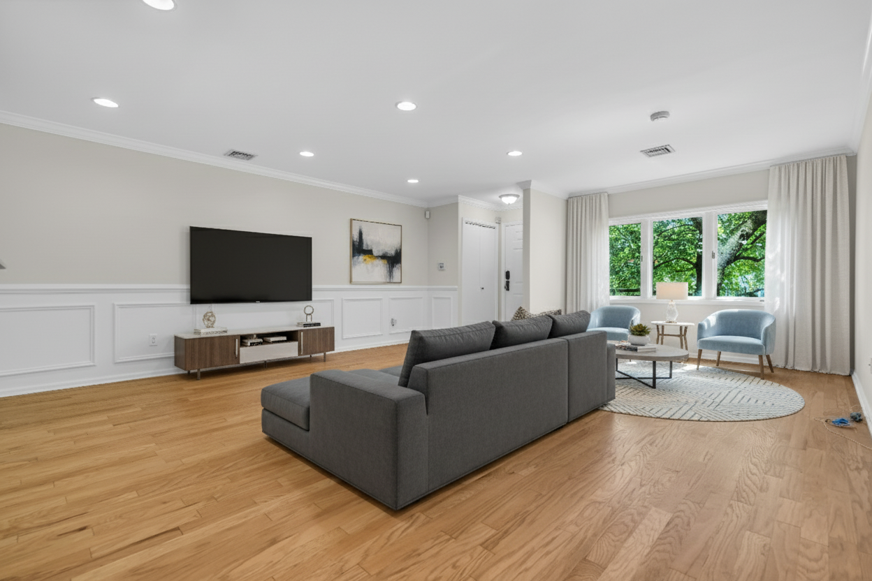 After - virtual staging transformation: Do virtual staging to make it a modern living room. Do not change the structure (walls, doors, windows) by adding decoration and furniture to make a nice design and keep all other parts the same. Also, Have a TV mounted on the wall with a sofa, that is facing it, separating the left and ride sides of the room.