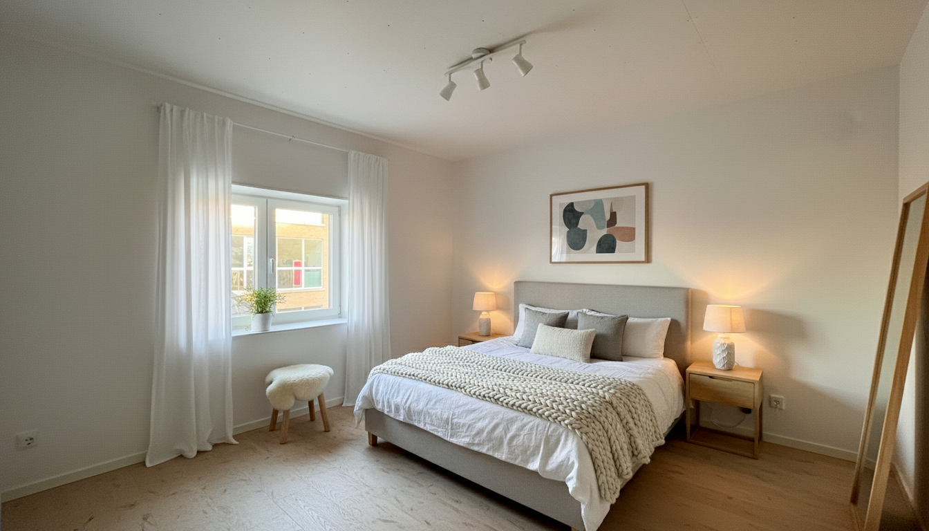 After - virtual staging transformation: First remove the existing furniture and miscellaneous objects. Then do virtual staging by adding decoration and furniture to make a scandinavian bedroom real photo design. Do not change the structure (walls, doors, windows) by adding decoration and furniture to make a nice design and keep all other parts the same. Also, Use neutral colors, paint the wall and ceiling white. The floor should be a wooden laminate. Add ceiling light, night tables with nightlamps and a cosy bed. You can hang a painting above the bed.
