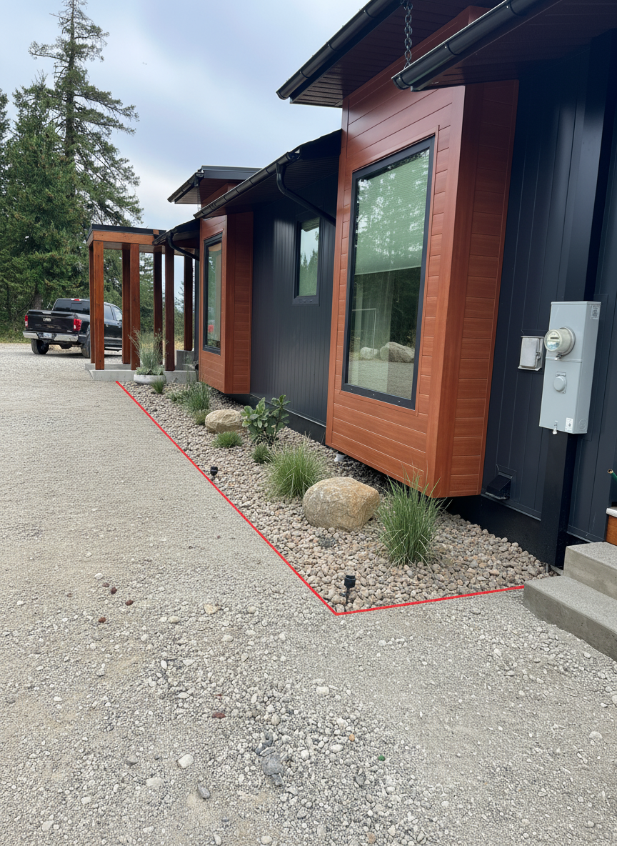 After - landscaping transformation: Design type: landscaping. Style Ref: None. Instructions: On the inside of the red outline will just be a plant bed - Inside of it will just be a few plants around the windows, a couple of decorative boulders and 1-2" rock. And outside of the plant bed area is just going to be compacted road crush base.