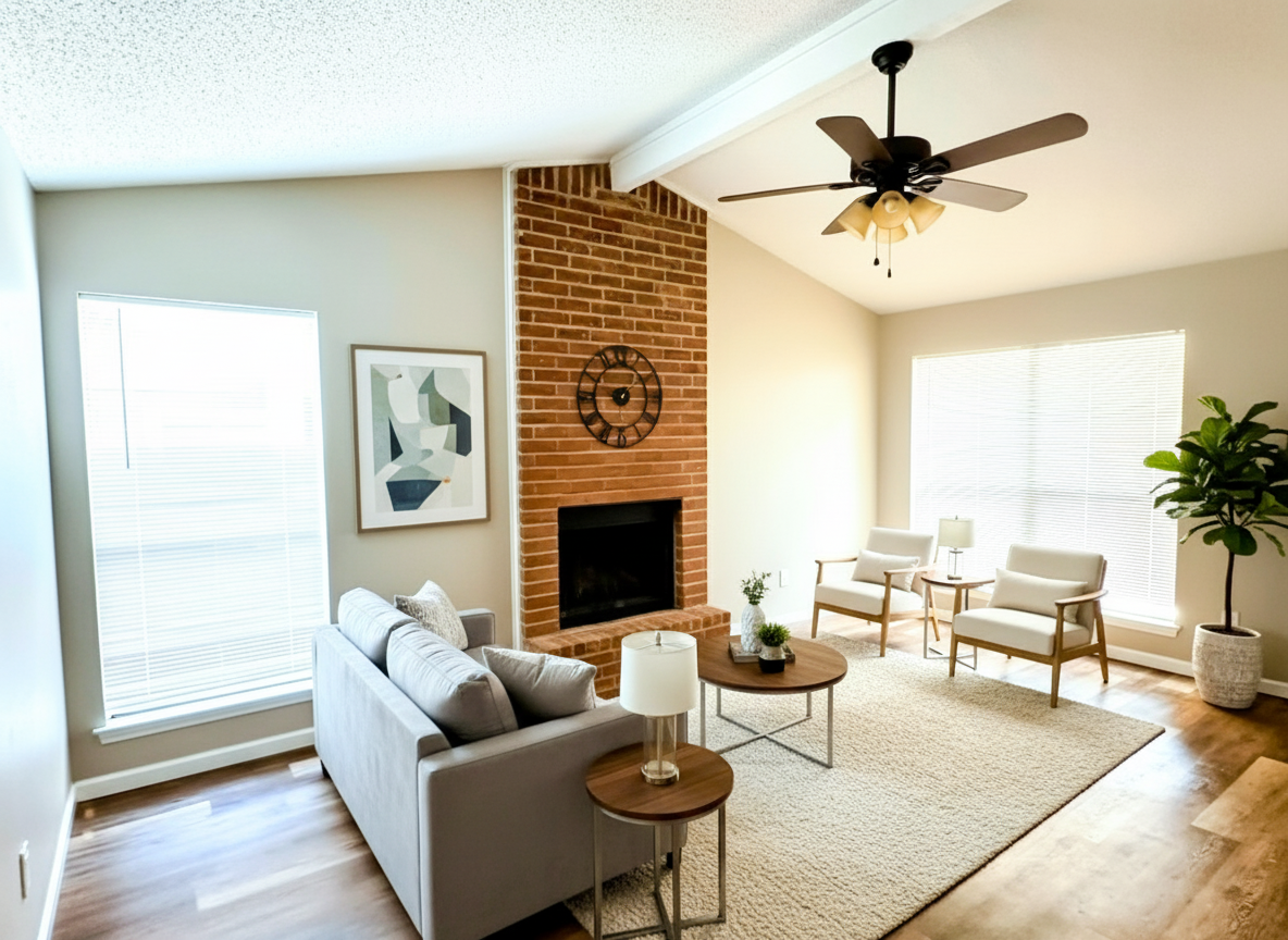 After - virtual staging transformation: Do virtual staging to make it a modern living room. Do not change the structure (walls, doors, windows) by adding decoration and furniture to make a nice design and keep all other parts the same. Also, 'add a sofa facing the fireplace' , 'add a clock above the fireplace' , 'add two chairs to the right of the sofa and one chair to the left' , place a plant in the corner' , 'put a picture on the wall to the left of the fireplace'.