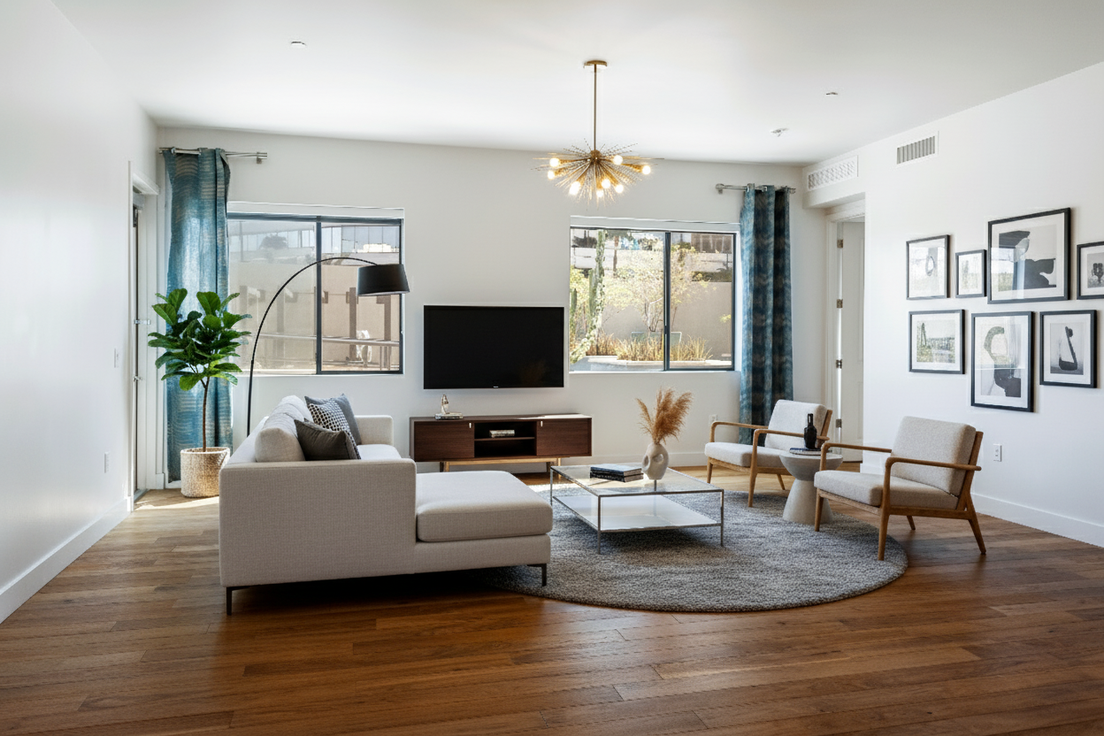 After - virtual staging transformation: Do virtual staging to make it a modern living room. Do not change the structure (walls, doors, windows) by adding decoration and furniture to make a nice design and keep all other parts the same.