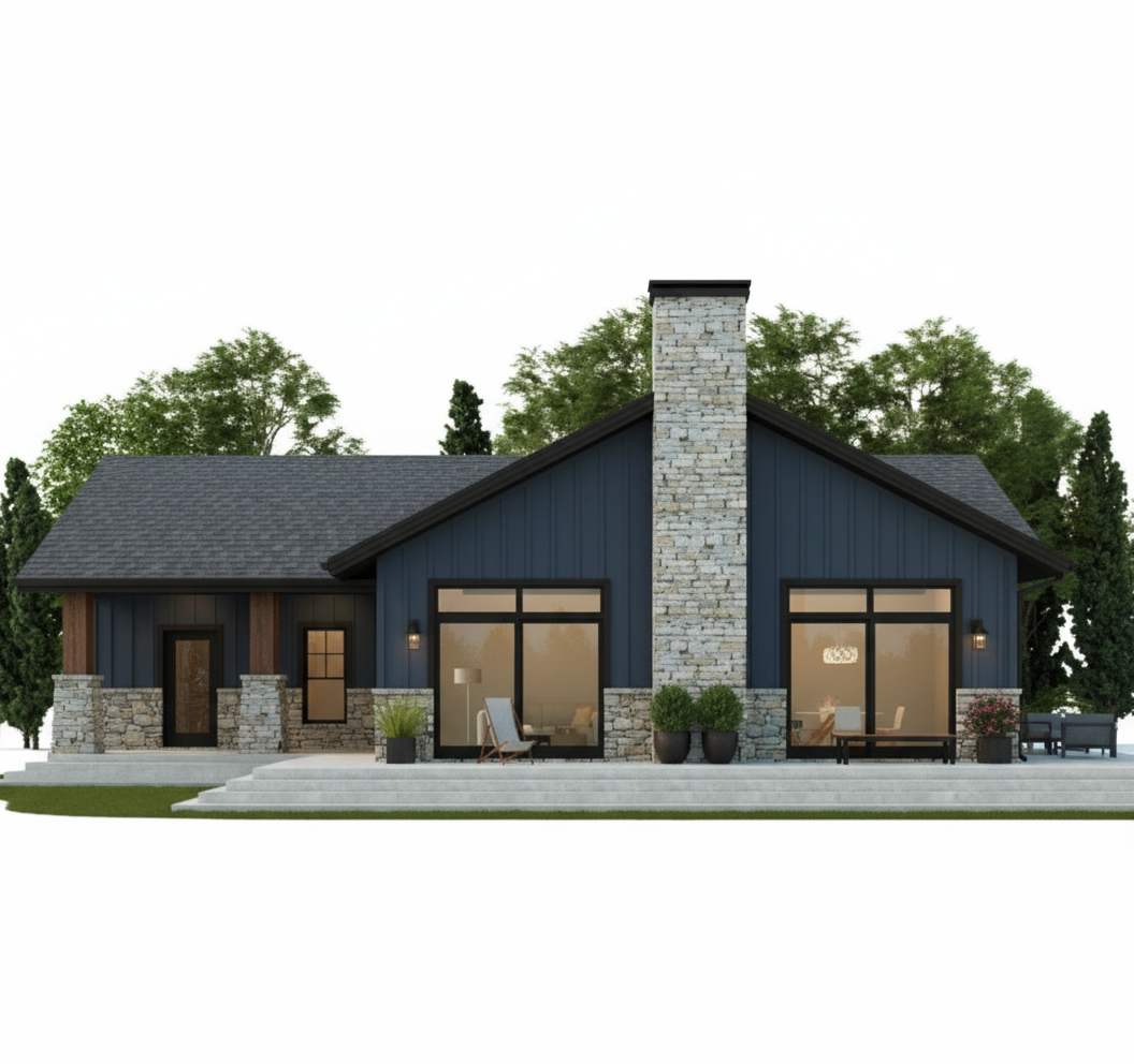 After - exterior transformation: Design type: exterior. Style Ref: https://base44.app/api/apps/68a6b71b9e6d8b9bb330a7ee/files/public/68a6b71b9e6d8b9bb330a7ee/d1f066df2_1000016452.jpg. Instructions: Brown and black soffit facia
4' stone wall
Navy blue board and batten