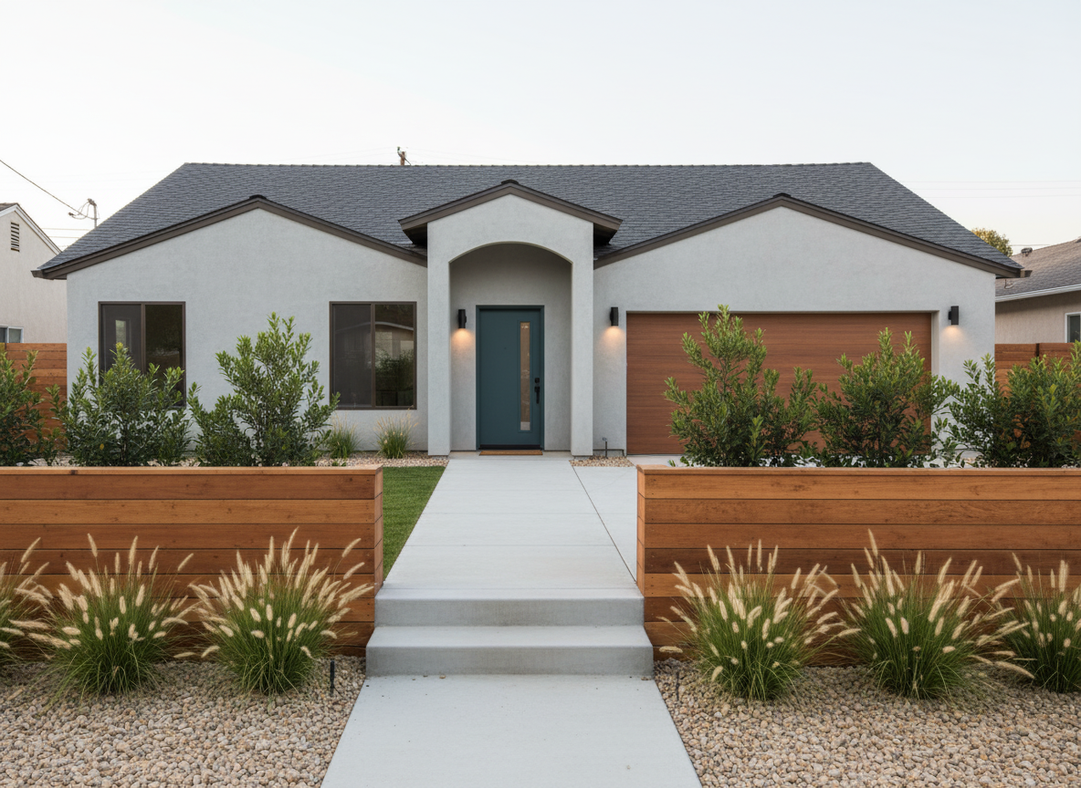 After - exterior transformation: Design type: exterior. Style Ref: https://base44.app/api/apps/68a6b71b9e6d8b9bb330a7ee/files/public/68a6b71b9e6d8b9bb330a7ee/e6d0be1ea_genIslnoResize25-3469_0.jpg. Instructions: Modernize with colors, door, garage door, light
add some design patterns for front to look more minimalist modern
add some landscape in the front and fence as well