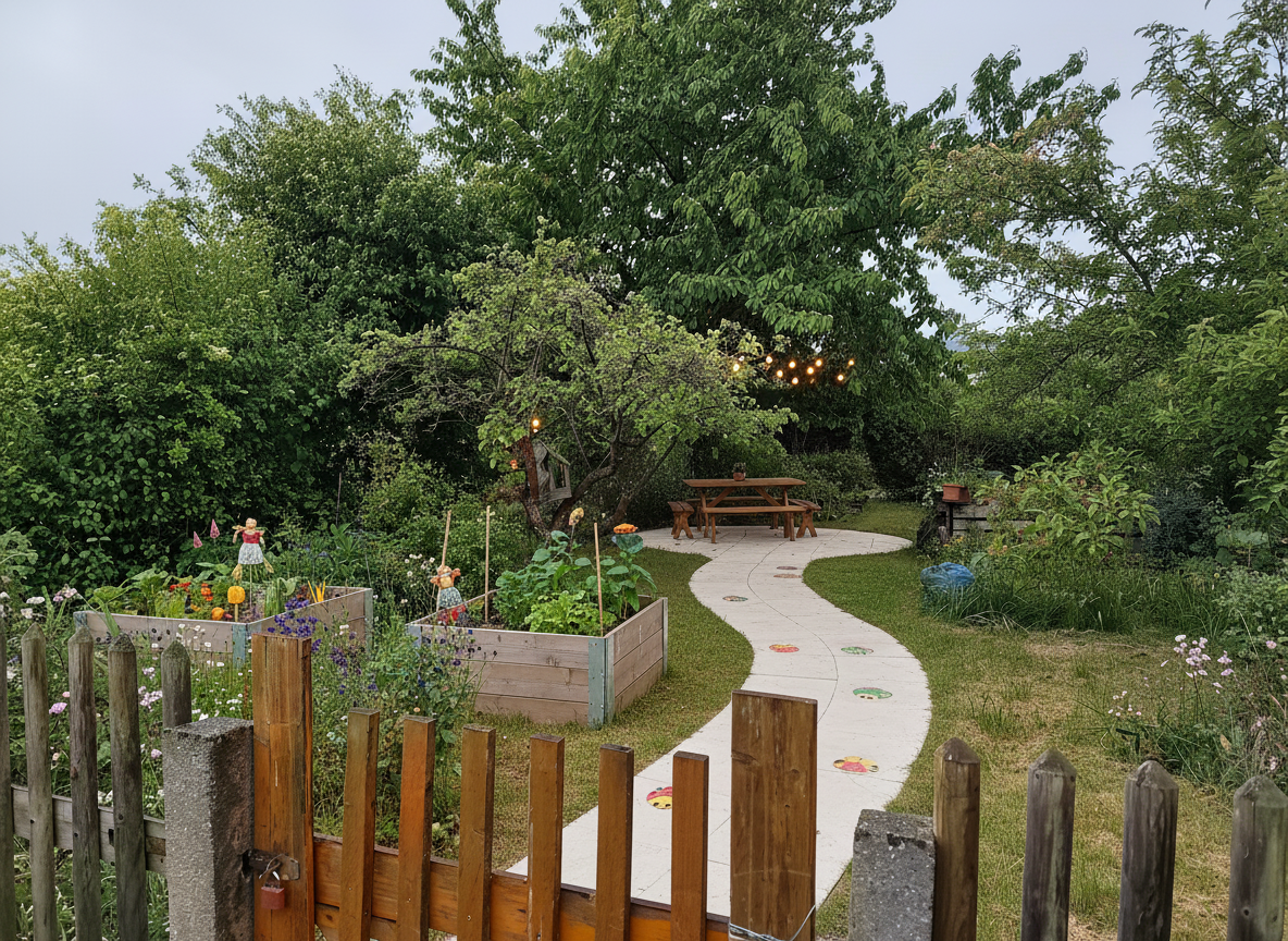After - landscaping transformation: Design type: landscaping. Style Ref: None. Instructions: gestalte mir ein kinderfreundlichen nutzgarten, mit beerensträucher, hochbetten, sitzbereich unter dem großen kirschbaum, ein geschwungener weg soll durch den garten führen