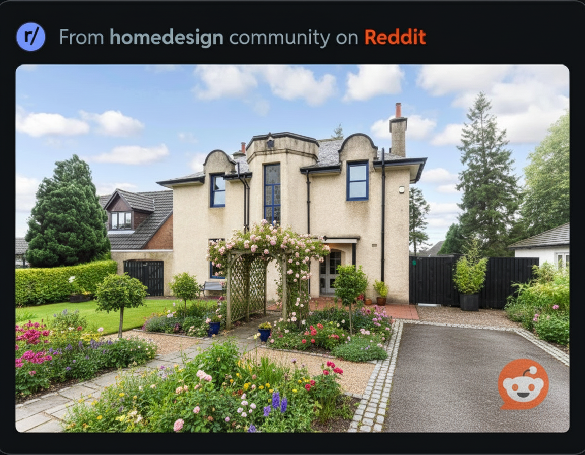 After - exterior transformation: Design type: exterior. Style Ref: None. Instructions: Paint the exterior and downpipes cream. Window trim dark blue. Leave one parking space. Add a pergola with climbing roses and an English garden