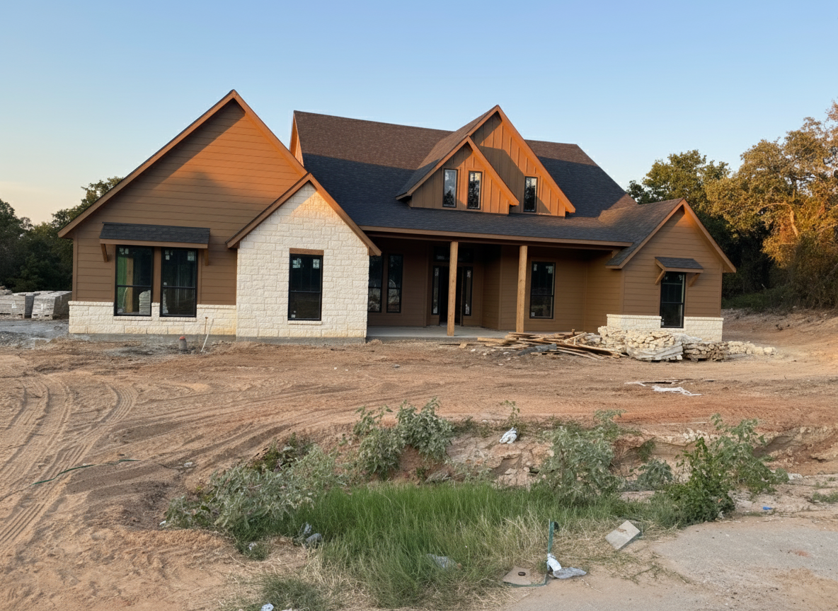 After - exterior transformation: Design type: exterior. Style Ref: None. Instructions: Make the two front rooms cream stone and use brown for siding and black trim