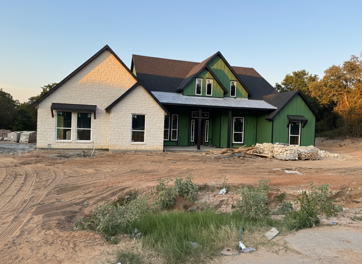 After - exterior transformation: Design type: exterior. Style Ref: None. Instructions: Make the two front rooms cream stone and green
for siding and black trim