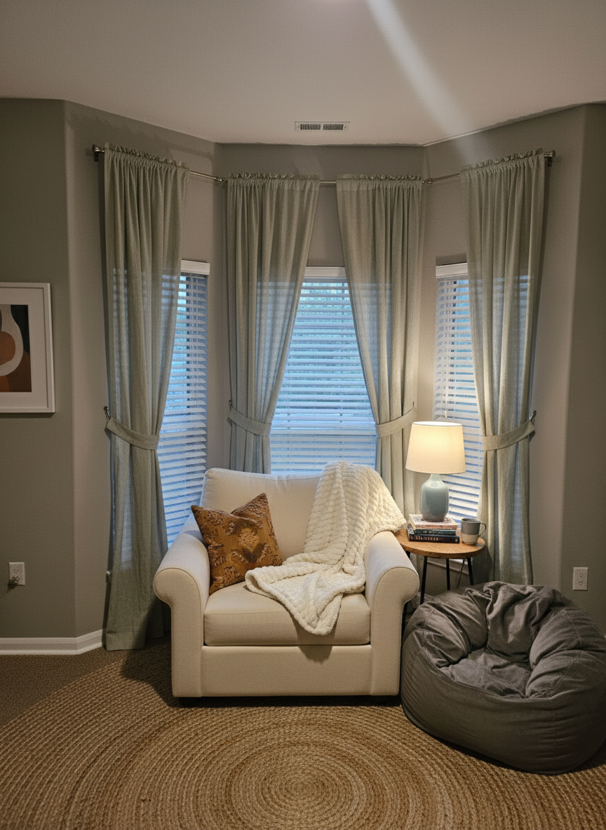 After - interior transformation: Design type: interior. Style Ref: None. Instructions: Design a cozy reading area in this space. Maybe some chairs or cozy beanbag or something. Add curtains
