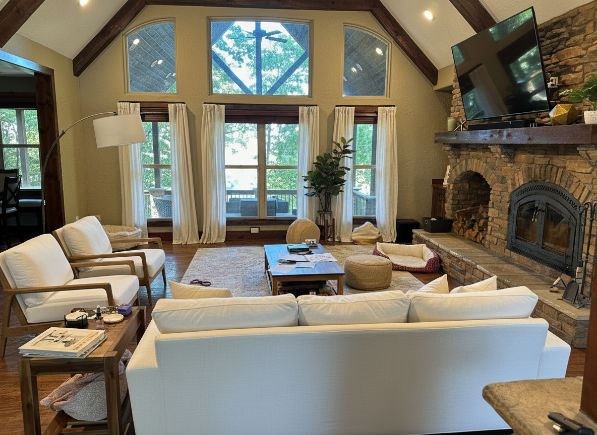 After - interior transformation: Design type: interior. Style Ref: None. Instructions: Rustic feel with white couch and white chairs where the gray chairs are now. Light colored, probably white, curtain panels on side and middle windows. Change paint to almost white as well.