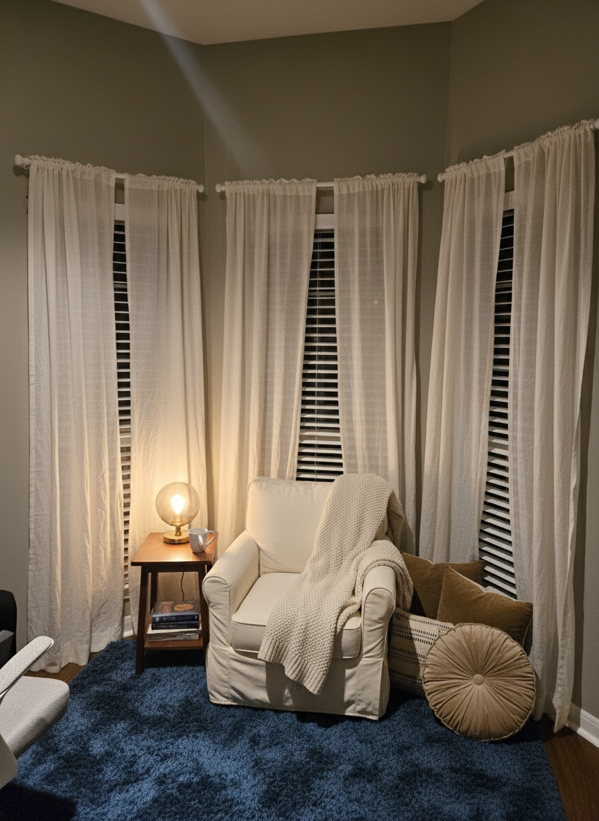 After - interior transformation: Design type: interior. Style Ref: None. Instructions: Design cozy reading area. Add curtains. Remove clutter if needed