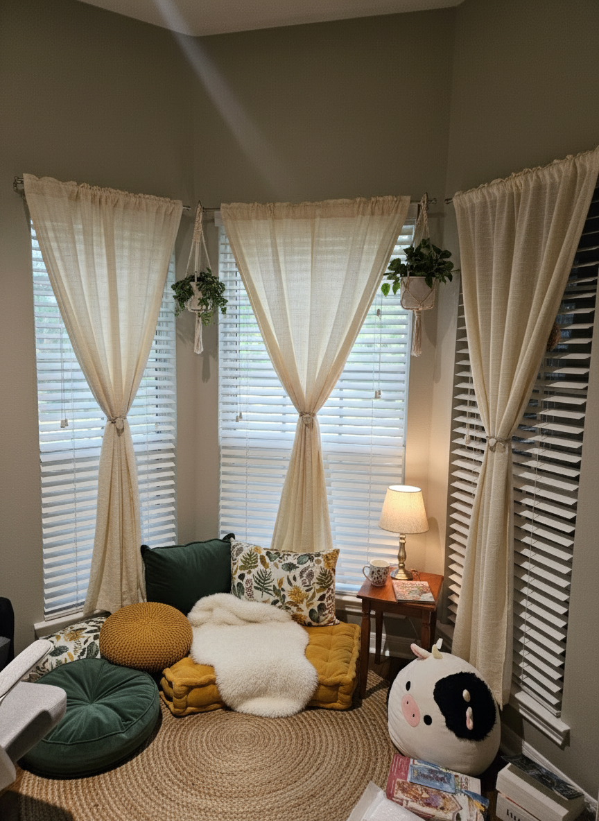 After - interior transformation: Design type: interior. Style Ref: None. Instructions: Design cozy reading area with floor cushions. Add curtains. Remove clutter if needed