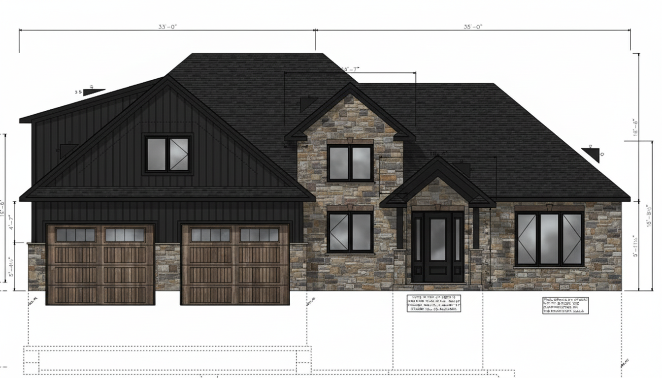 After - exterior transformation: Design type: exterior. Style Ref: None. Instructions: Need wiarton stone on house. Sable window frames and a driftwood garage door. And black roof