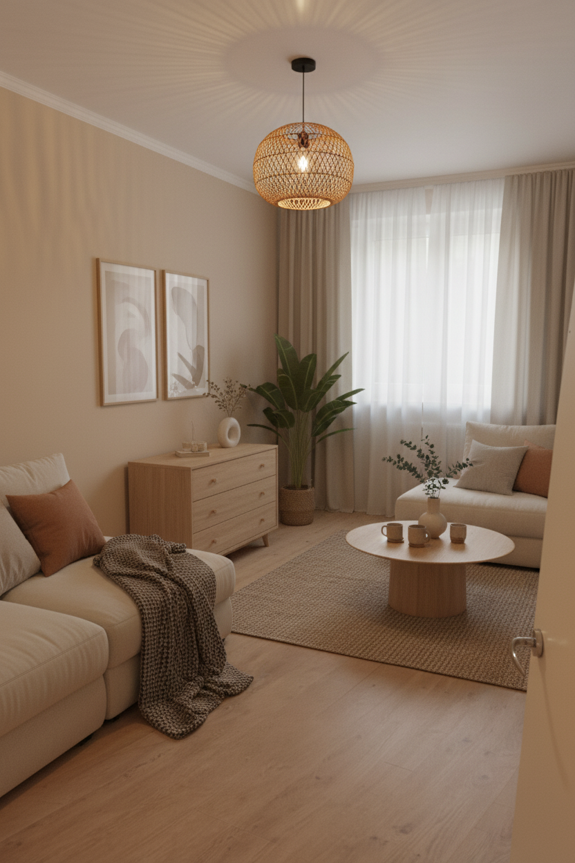 After - interior transformation: Design type: interior. Style Ref: https://base44.app/api/apps/68a6b71b9e6d8b9bb330a7ee/files/public/68a6b71b9e6d8b9bb330a7ee/b6c973bb1_3410c476874e43d39eb61c8e6fa52e12.jpg. Instructions: Transform this old apartment into a cozy, budget-friendly interior with a minimalist base and bohemian accents. Keep the layout simple and functional, using neutral colors (white, beige, soft gray) combined with earth tones for warmth. Add natural materials like wood, linen, rattan, and ceramics to bring texture and authenticity. The style should feel airy and uncluttered, but include boho-inspired details such as woven rugs, plants, handcrafted decor, and soft textiles. Focus on maximizing natural light, creating a calm atmosphere, and blending affordability with aesthetics. The final design should feel modern, welcoming, and stylish, while staying minimal and practical.