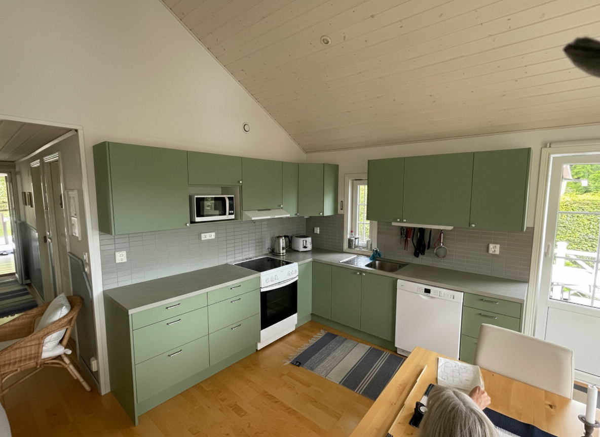 After - interior transformation: Design type: interior. Style Ref: None. Instructions: Move the fridge out and leave that space open (it will be to the right of this picture). Replace the fridge to the left with an open kitchen top area with drawers and overhead cupboards. modernize the kitchen, integrated microwave, integrated dishwasher, oven still under the stove. The kitchen counter should be in laminate. Toned down linden flower green colors. Replace the white/glass cupboard with the more modern cupboards as well.