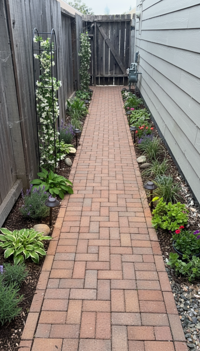 After - landscaping transformation: Design type: landscaping. Style Ref: None. Instructions: Add pavers or bricks. Add a trellis or plants to make it look more inviting.