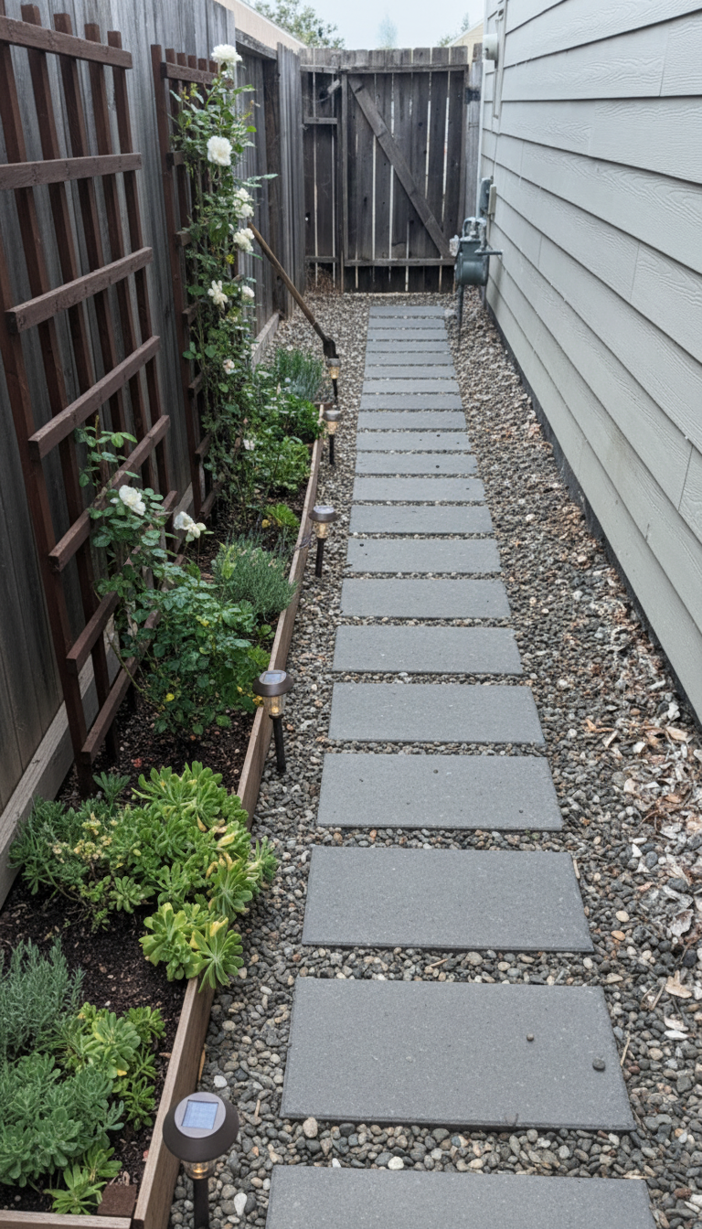 After - landscaping transformation: Design type: landscaping. Style Ref: None. Instructions: Add pavers or bricks. Add a trellis from the left to right side.