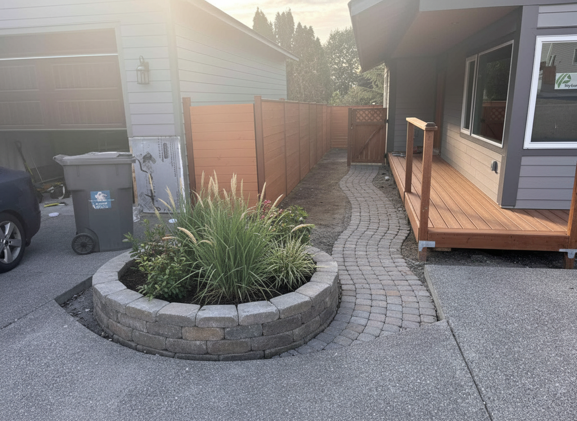 After - exterior transformation: Design type: exterior. Style Ref: None. Instructions: - Finish the deck on the right in a standard Trex decking style (with railing)
- put a small decorative gate at the end of the deck/corner of the house so that it can provide some privacy for the back yard of the ADU
- we would like a paver path leading down the space between the deck and the new gate that I asked for in the previous step.
- propose a solution for the rounded front dirt area to provide privacy between the main house (left) and the ADU (right). Note that because of drainage underground, we cannot plant an underground tree here.