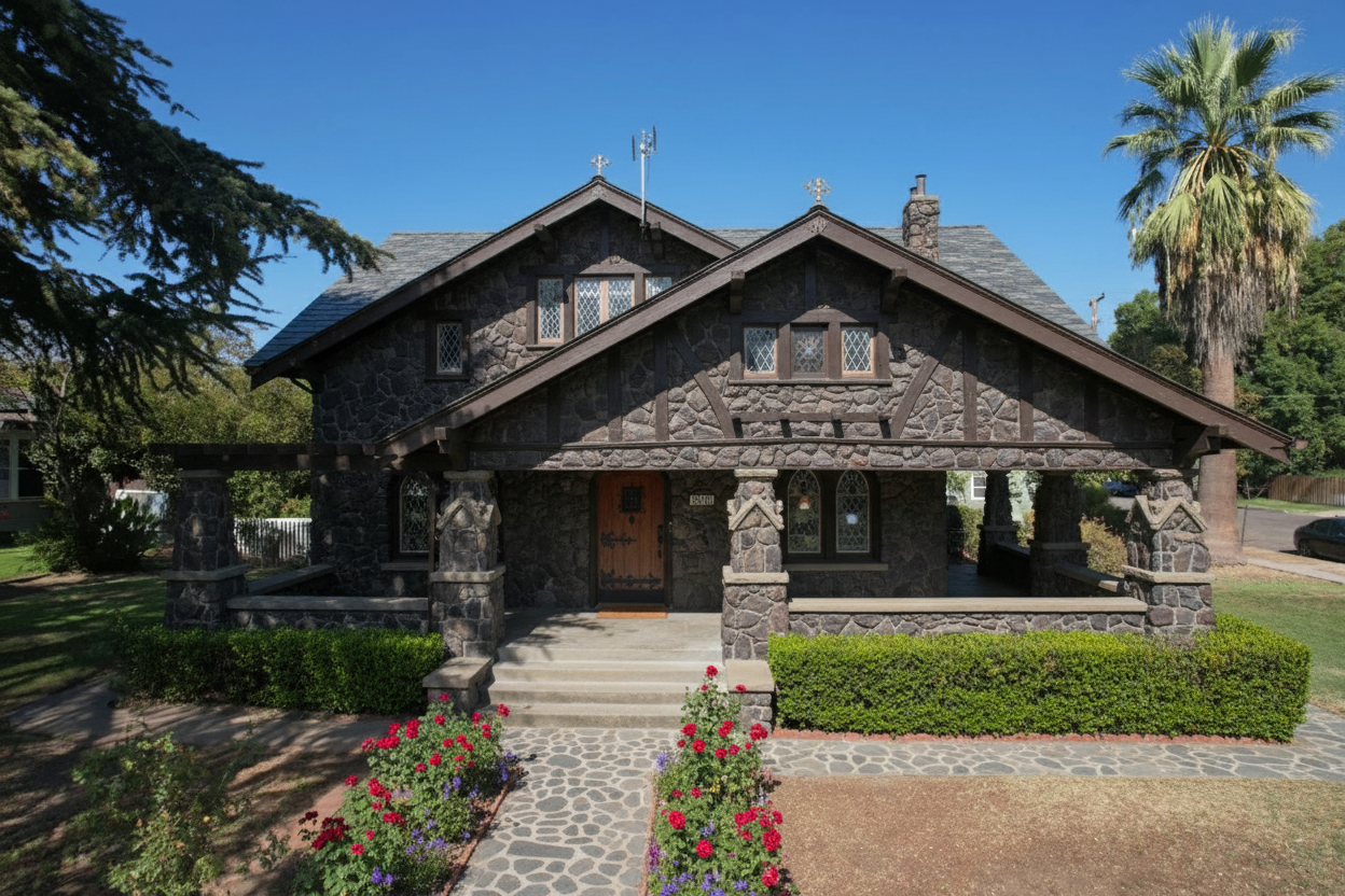 After - exterior transformation: Design type: exterior. Style Ref: None. Instructions: Keep the same shape of the home, make it gothic looking with some exterior trim and molding, with flowers along the walkway, the walkway should be paved cobblestone. Along the house there should be neatly trimmed bushes