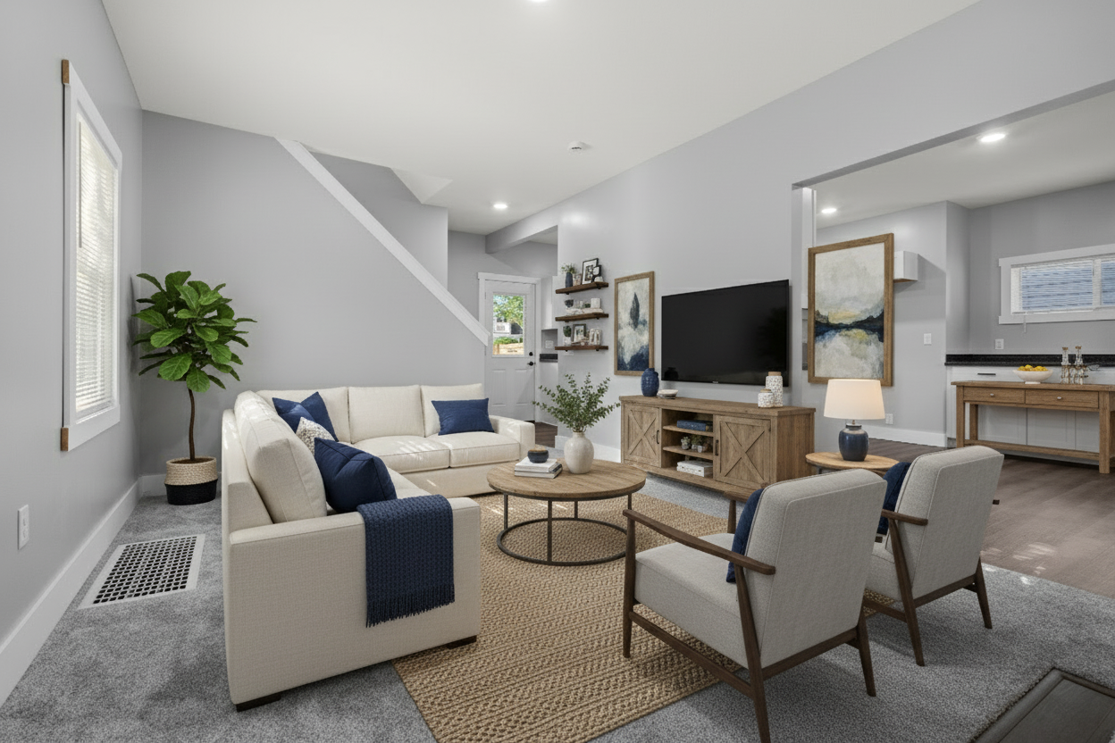 After - virtual staging transformation: You are a professional virtual staging designer. First remove the existing furniture and miscellaneous objects.
Then you need to add decorations but you need to follow these rules
- Do not add, remove, or modify any architectural elements such as windows, doors, walls, or flooring.
- Do not change wall colors, finishes, or existing permanent fixtures.
- Do not alter the room structure, layout, or lighting sources.
- Only add or arrange furniture, décor, plants, rugs, artwork, and accessories.
- Keep entrances and walkways clear; arrange furniture in a realistic, functional layout.
Now create a farmhouse living room real photo design with modern virtual staging. Do not change the structure (walls, doors, windows) by adding decoration and furniture to make a nice design and keep all other parts the same. Also, Have an accent color piece added