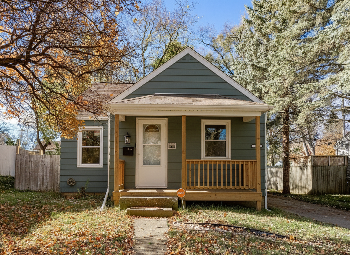 After - exterior transformation: Design type: exterior. Style Ref: None. Instructions: Paint this 1945 bungalow house dark grayish green and add a covered wood front porch