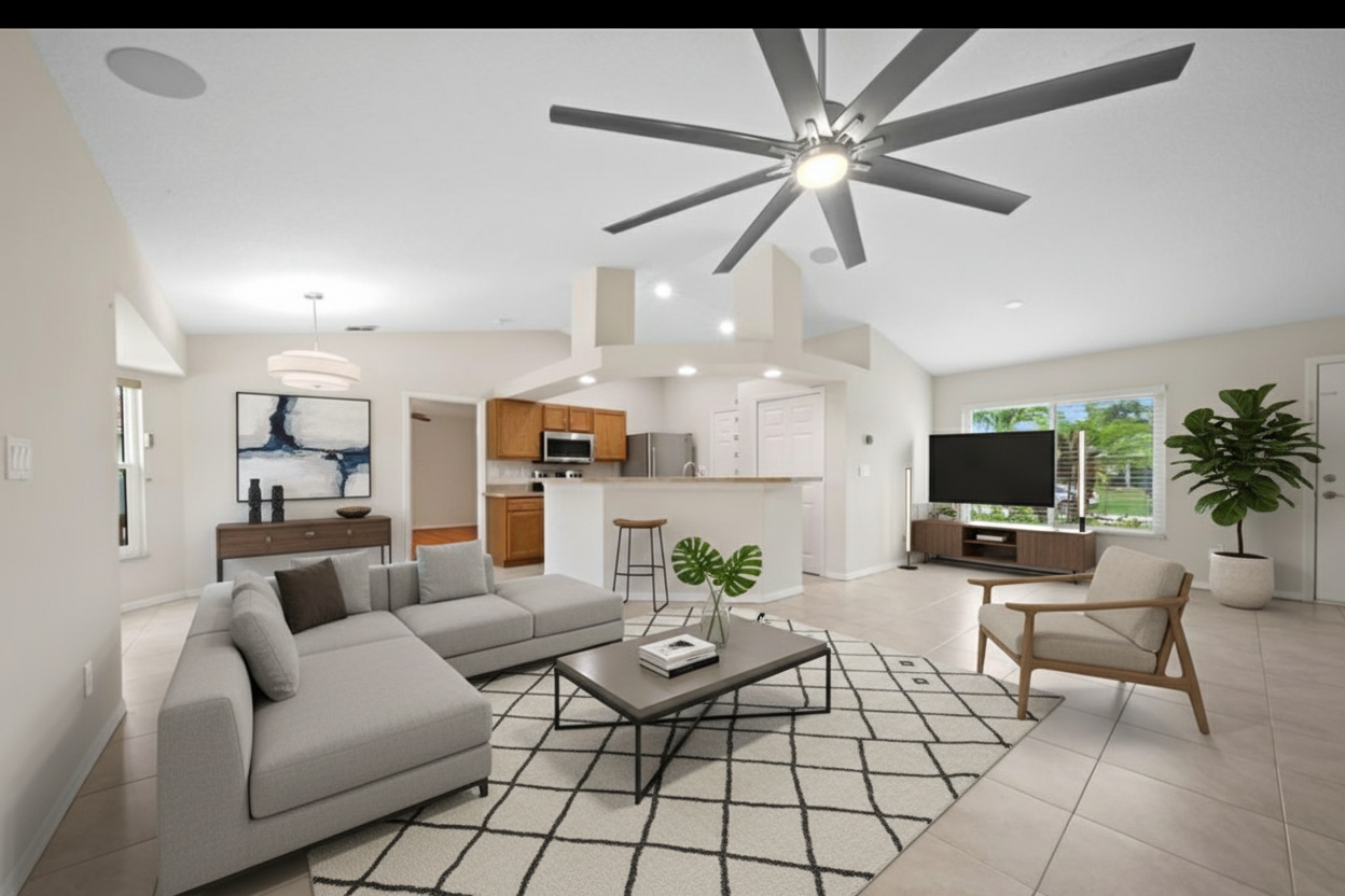After - virtual staging transformation: You are a professional virtual staging designer. First remove the existing furniture and miscellaneous objects.
Then you need to add decorations but you need to follow these rules
- Do not add, remove, or modify any architectural elements such as windows, doors, walls, or flooring.
- Do not change wall colors, finishes, or existing permanent fixtures.
- Do not alter the room structure, layout, or lighting sources.
- Only add or arrange furniture, décor, plants, rugs, artwork, and accessories.
- Keep entrances and walkways clear; arrange furniture in a realistic, functional layout.
Now create a modern living room real photo design with modern virtual staging. Do not change the structure (walls, doors, windows) by adding decoration and furniture to make a nice design and keep all other parts the same. Also, sectional sofa