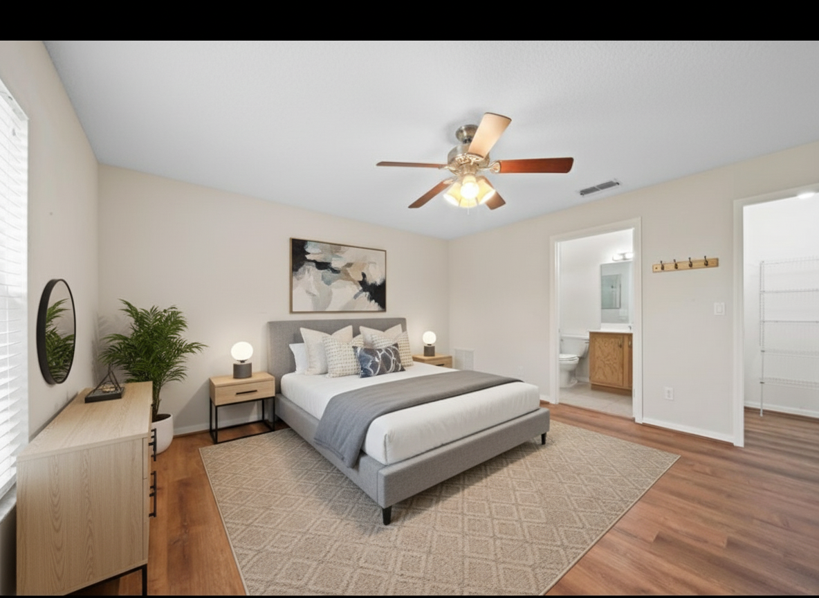 After - virtual staging transformation: You are a professional virtual staging designer. First remove the existing furniture and miscellaneous objects.
Then you need to add decorations but you need to follow these rules
- Do not add, remove, or modify any architectural elements such as windows, doors, walls, or flooring.
- Do not change wall colors, finishes, or existing permanent fixtures.
- Do not alter the room structure, layout, or lighting sources.
- Only add or arrange furniture, décor, plants, rugs, artwork, and accessories.
- Keep entrances and walkways clear; arrange furniture in a realistic, functional layout.
Now create a modern bedroom real photo design with modern virtual staging. Do not change the structure (walls, doors, windows) by adding decoration and furniture to make a nice design and keep all other parts the same.