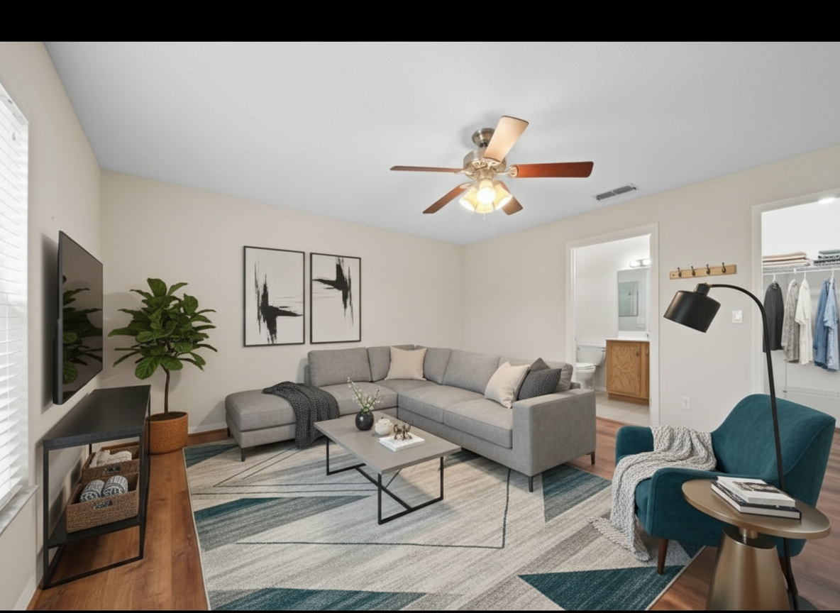 After - virtual staging transformation: You are a professional virtual staging designer. First remove the existing furniture and miscellaneous objects.
Then you need to add decorations but you need to follow these rules
- Do not add, remove, or modify any architectural elements such as windows, doors, walls, or flooring.
- Do not change wall colors, finishes, or existing permanent fixtures.
- Do not alter the room structure, layout, or lighting sources.
- Only add or arrange furniture, décor, plants, rugs, artwork, and accessories.
- Keep entrances and walkways clear; arrange furniture in a realistic, functional layout.
Now create a modern living room real photo design with modern virtual staging. Do not change the structure (walls, doors, windows) by adding decoration and furniture to make a nice design and keep all other parts the same.