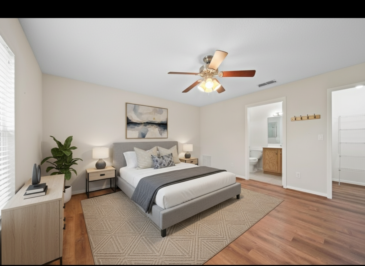 After - virtual staging transformation: You are a professional virtual staging designer. First remove the existing furniture and miscellaneous objects.
Then you need to add decorations but you need to follow these rules
- Do not add, remove, or modify any architectural elements such as windows, doors, walls, or flooring.
- Do not change wall colors, finishes, or existing permanent fixtures.
- Do not alter the room structure, layout, or lighting sources.
- Only add or arrange furniture, décor, plants, rugs, artwork, and accessories.
- Keep entrances and walkways clear; arrange furniture in a realistic, functional layout.
Now create a modern bedroom real photo design with modern virtual staging. Do not change the structure (walls, doors, windows) by adding decoration and furniture to make a nice design and keep all other parts the same.