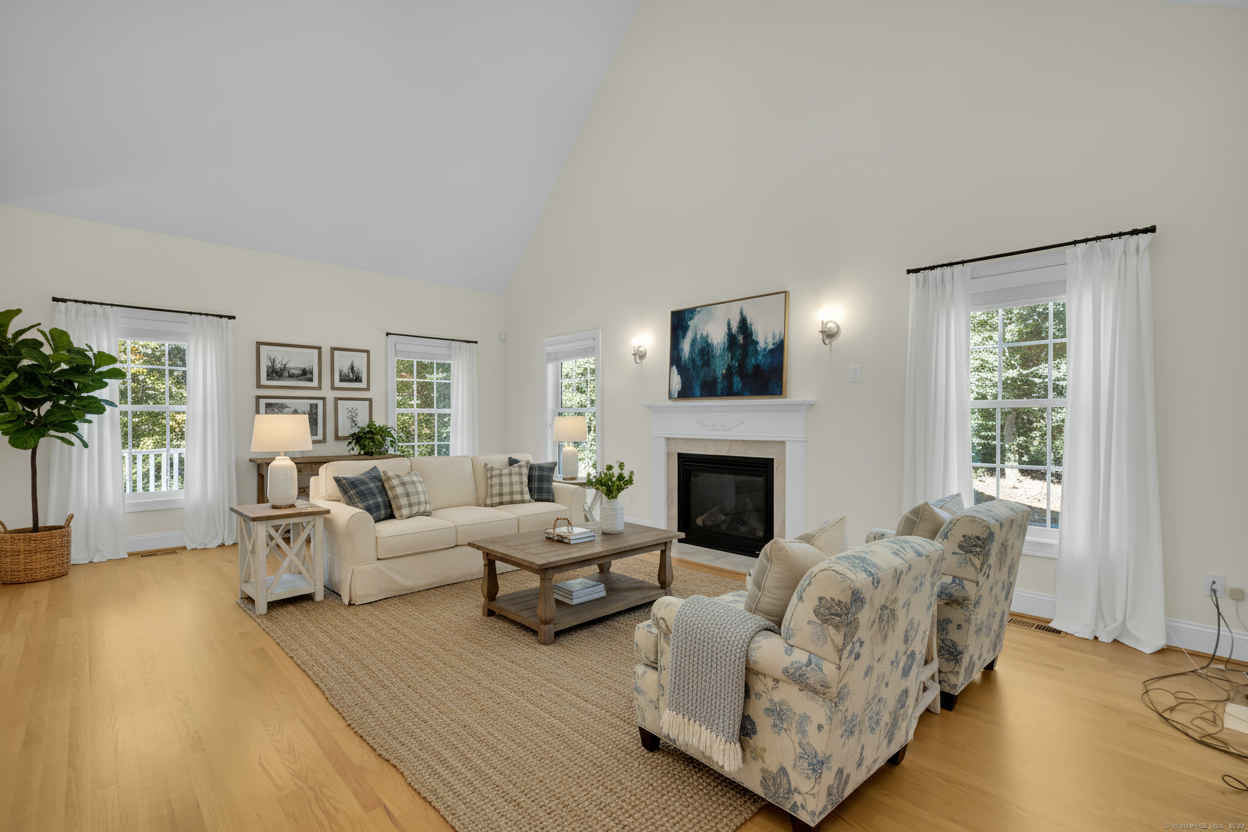 After - virtual staging transformation: You are a professional virtual staging designer.
Follow these rules strictly:
- Do not add, remove, or modify any architectural elements such as windows, doors, walls, or flooring.
- Do not change wall colors, finishes, or existing permanent fixtures.
- Do not alter the room structure, layout, or lighting sources.
- Only add or arrange furniture, décor, plants, rugs, artwork, and accessories.
- Keep entrances and walkways clear; arrange furniture in a realistic, functional layout.
Now do virtual staging to make it a professional farmhouse living room real photo design. Do not change the structure (walls, doors, windows) by adding decoration and furniture to make a nice design and keep all other parts the same.