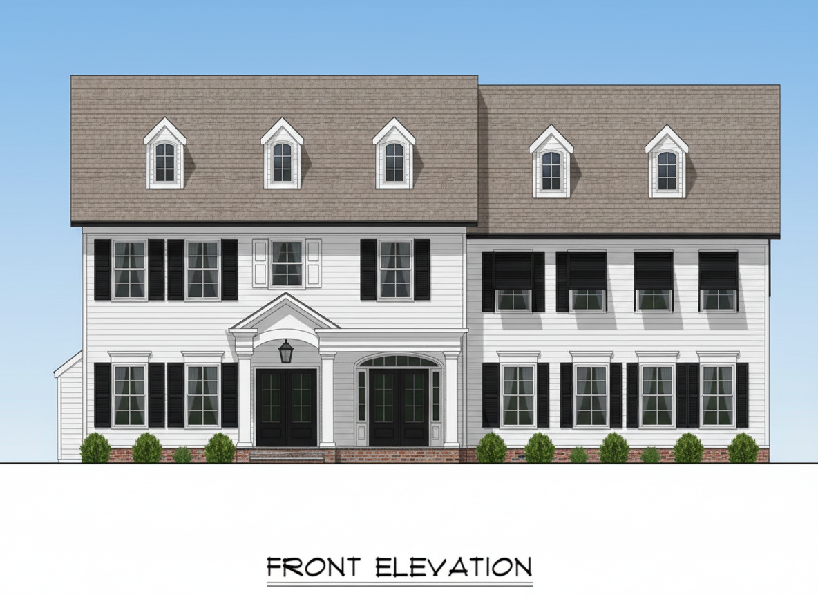 After - exterior transformation: Design type: exterior. Style Ref: https://base44.app/api/apps/68a6b71b9e6d8b9bb330a7ee/files/public/68a6b71b9e6d8b9bb330a7ee/eee42f5d2_Screenshot2025-10-06at121540PM.png. Instructions: Make the exterior a soft white, shutters a black in a Bahama style shutter, add molding to the top and bottom of windows, make windows 8 panes, make the portico more substantial, and bring it down closer to door/adjust the window accordingly, add a add a gas lantern lighting feature to the portico. make the doors black
Make this all a colonial style with beaded siding