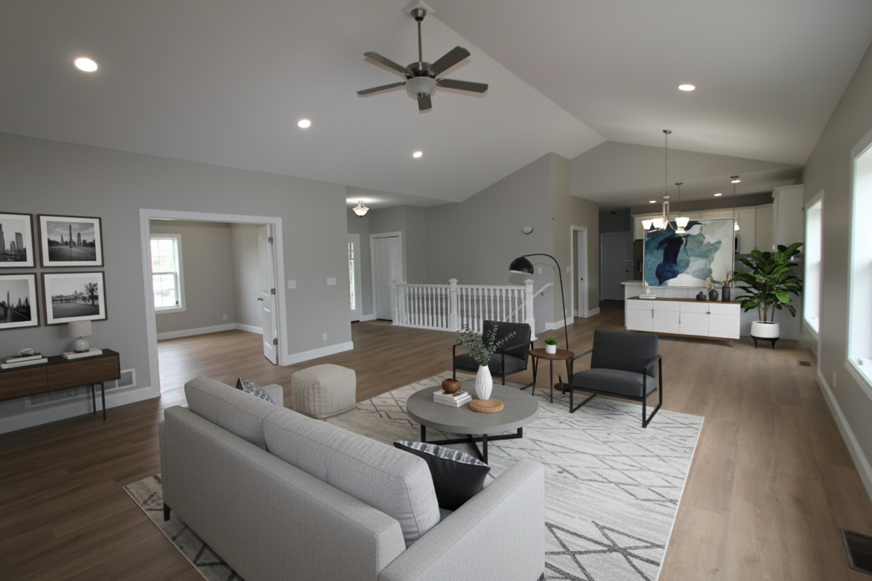 After - virtual staging transformation: You are a professional virtual staging designer.
Follow these rules strictly:
- Do not add, remove, or modify any architectural elements such as windows, doors, walls, or flooring.
- Do not change wall colors, finishes, or existing permanent fixtures.
- Do not alter the room structure, layout, or lighting sources.
- Only add or arrange furniture, décor, plants, rugs, artwork, and accessories.
- Keep entrances and walkways clear; arrange furniture in a realistic, functional layout.
Now do virtual staging to make it a professional modern living room real photo design. Do not change the structure (walls, doors, windows) by adding decoration and furniture to make a nice design and keep all other parts the same.