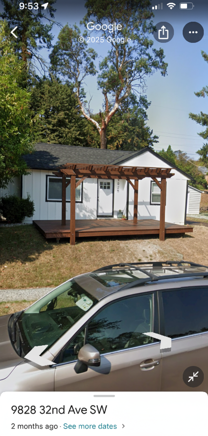 After - exterior transformation: Design type: exterior. Style Ref: None. Instructions: Floating Front porch that extends to the end of the left window. Pergola with 4 posts not connected to the house.