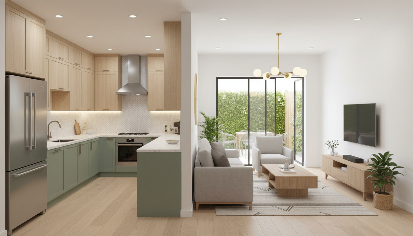 After - floorplan to_3d transformation: Floorplan to 3D. Style Ref: https://s3.us-west-1.amazonaws.com/dev.nvwa.user.image/landingpage/kitchen/Contemporary.jpg. Instructions: